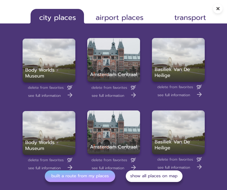 Layover Guru favorites and route builder showing saved places in Amsterdam